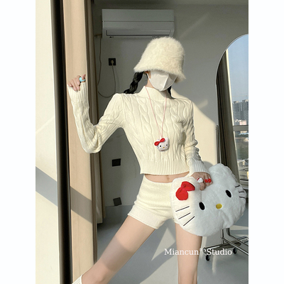 jennie同款麻花短款毛衣女套头简约慵懒风露脐短款别致针织衫上衣