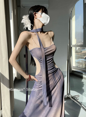油画撞色褶皱露肩连衣裙女