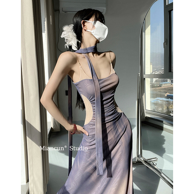 油画撞色褶皱露肩连衣裙女