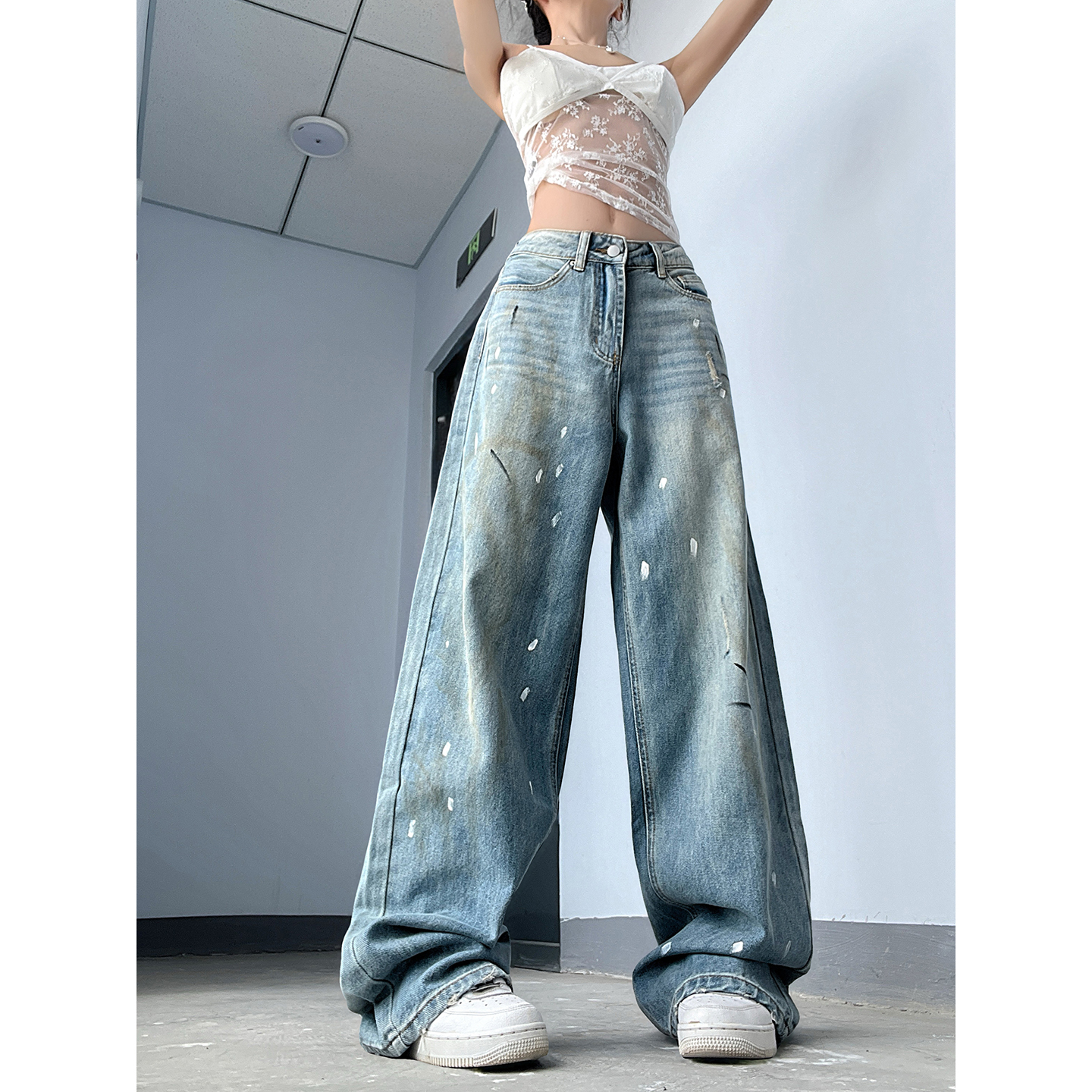 美式复古水洗做旧泼墨牛仔裤女