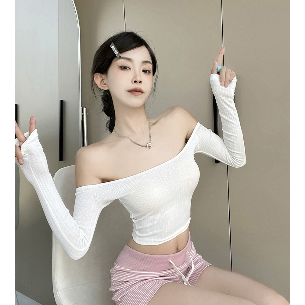 MianCun 神仙小t 纯欲一字肩白色T恤女长袖弹力修身短款露脐上衣,女装/女士精品,T恤,淘宝优惠券,粉丝福利购,淘宝优惠卷