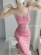 棉村 纯欲蕾丝花边性感吊带连衣裙卡戴珊同款 粉色紧身包臀长裙女