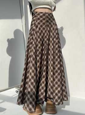 MianCun棕色复古格子半身裙女秋冬宽松显瘦长裙设计感小众裙子