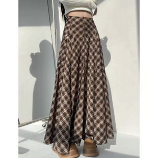 MianCun棕色复古格子半身裙女秋冬宽松显瘦长裙设计感小众裙子
