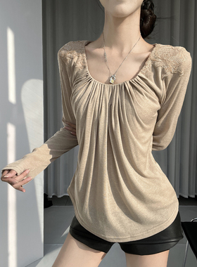 MianCun纯欲风蕾丝装饰肩褶皱长袖内搭T恤女春季松弛感显瘦上衣