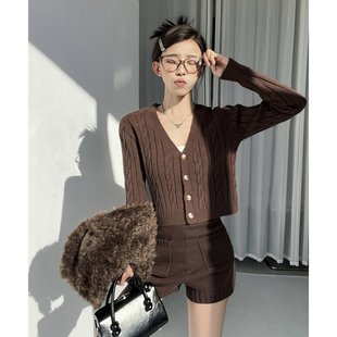 复古棕色V领绞花针织开衫外套女短款长袖宽松单排纽扣毛衣上衣