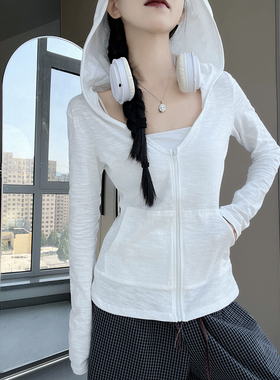 MianCun白色长袖防晒外套女初秋新款薄款休闲连帽外搭开衫上衣