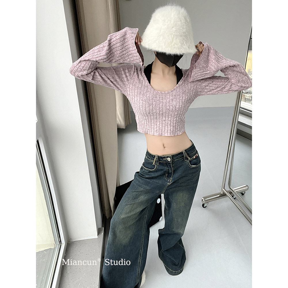 少女的心事假两件挂脖长袖T恤女春撞色修身收腰显瘦短款打底上衣,女装/女士精品,毛针织衫,淘宝优惠券,粉丝福利购,淘宝优惠卷