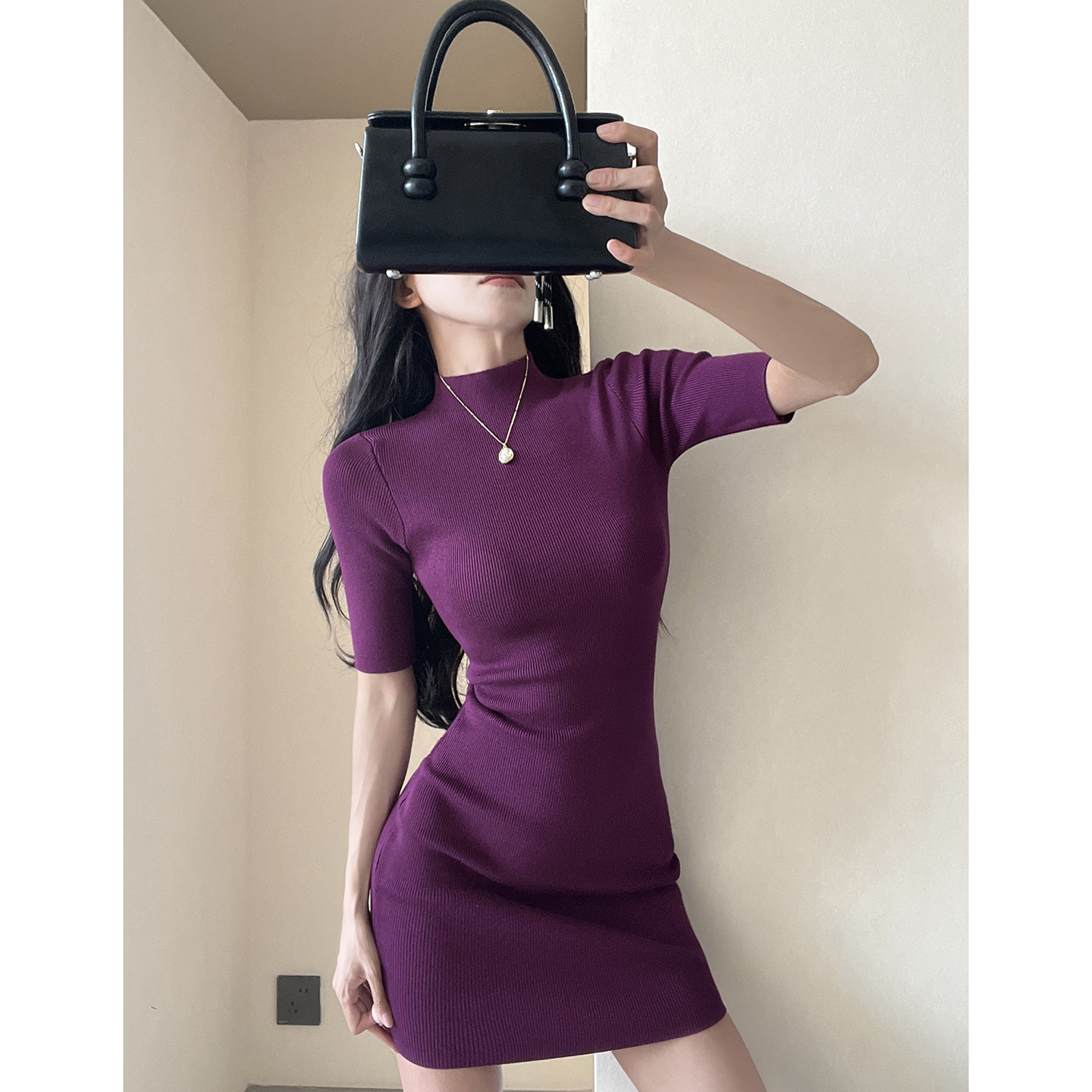 MianCun御姐通勤工作包臀连衣裙女半高领毛织显瘦紧身半袖短裙子