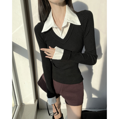 美式学院风针织衫女春季新款假两件长袖打底衫polo领修身辣妹上衣