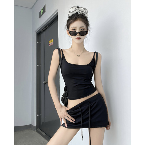 欧美运动风辣妹U领露背吊带背心夏抽绳包臀短裙女松紧腰百搭套装