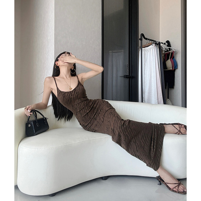 虎纹丝绒人鱼长款连衣裙女
