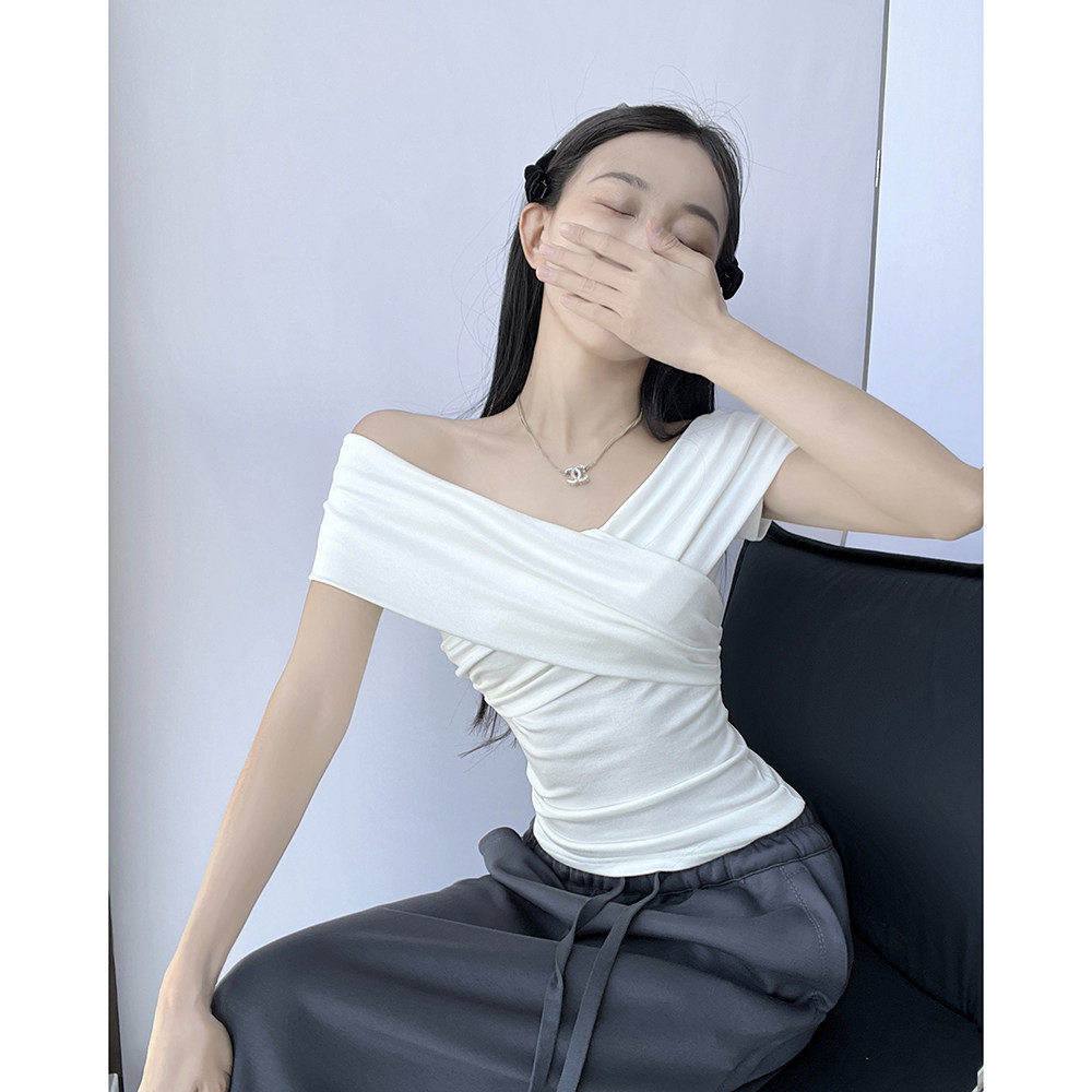MianCun交叉一字肩短袖t恤女修身短款气质设计感小众独特绝美上衣