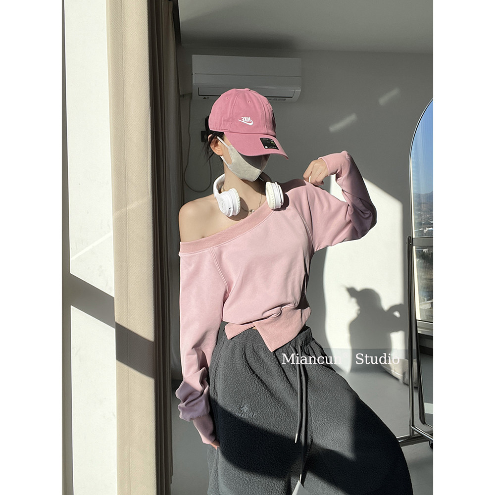 MianCun斜肩香蕉开叉短款卫衣美式休闲运动露肩收腰宽松显瘦上衣,女装/女士精品,卫衣/绒衫,淘宝优惠券,粉丝福利购,淘宝优惠卷