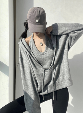 MianCun设计感大V领抽绳连帽卫衣女挂脖U型领内搭吊带背心两件套