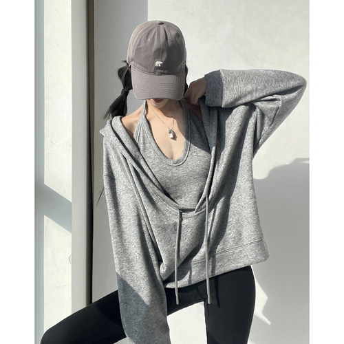 设计感大V领抽绳连帽卫衣女