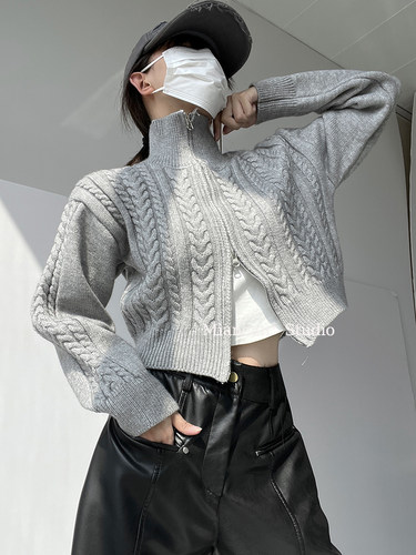 麻花拉链短款针织开衫外套女