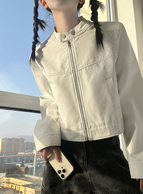 棉村甜酷风白色明线立领牛仔外套女设计感休闲通勤百搭夹克上衣