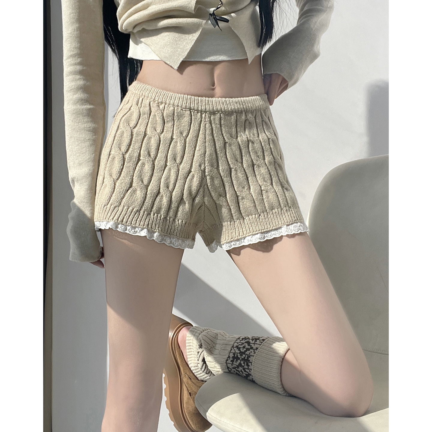 MianCun韩系针织麻花短裤女冬蕾丝花边裤子高腰显瘦打底裤靴裤~