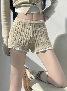 MianCun韩系针织麻花短裤女冬蕾丝花边裤子高腰显瘦打底裤靴裤~
