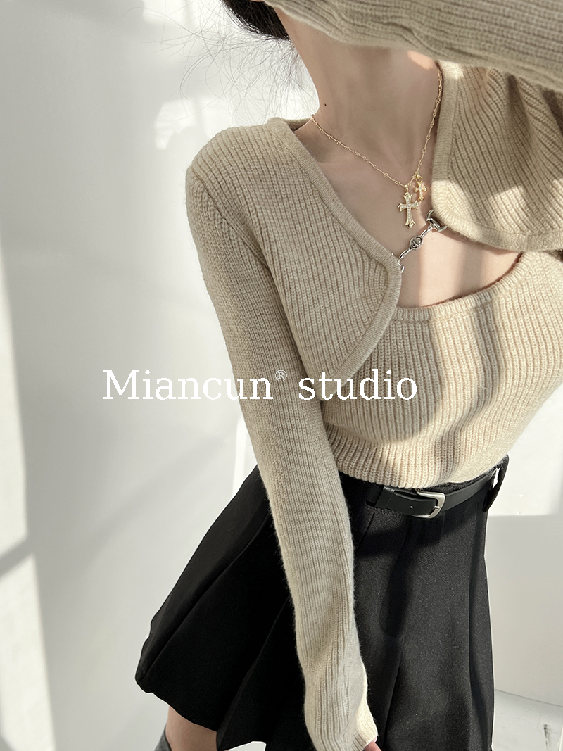 法式纯欲温柔风纯色长袖披肩开衫修身小吊带两件套针织衫毛衣女