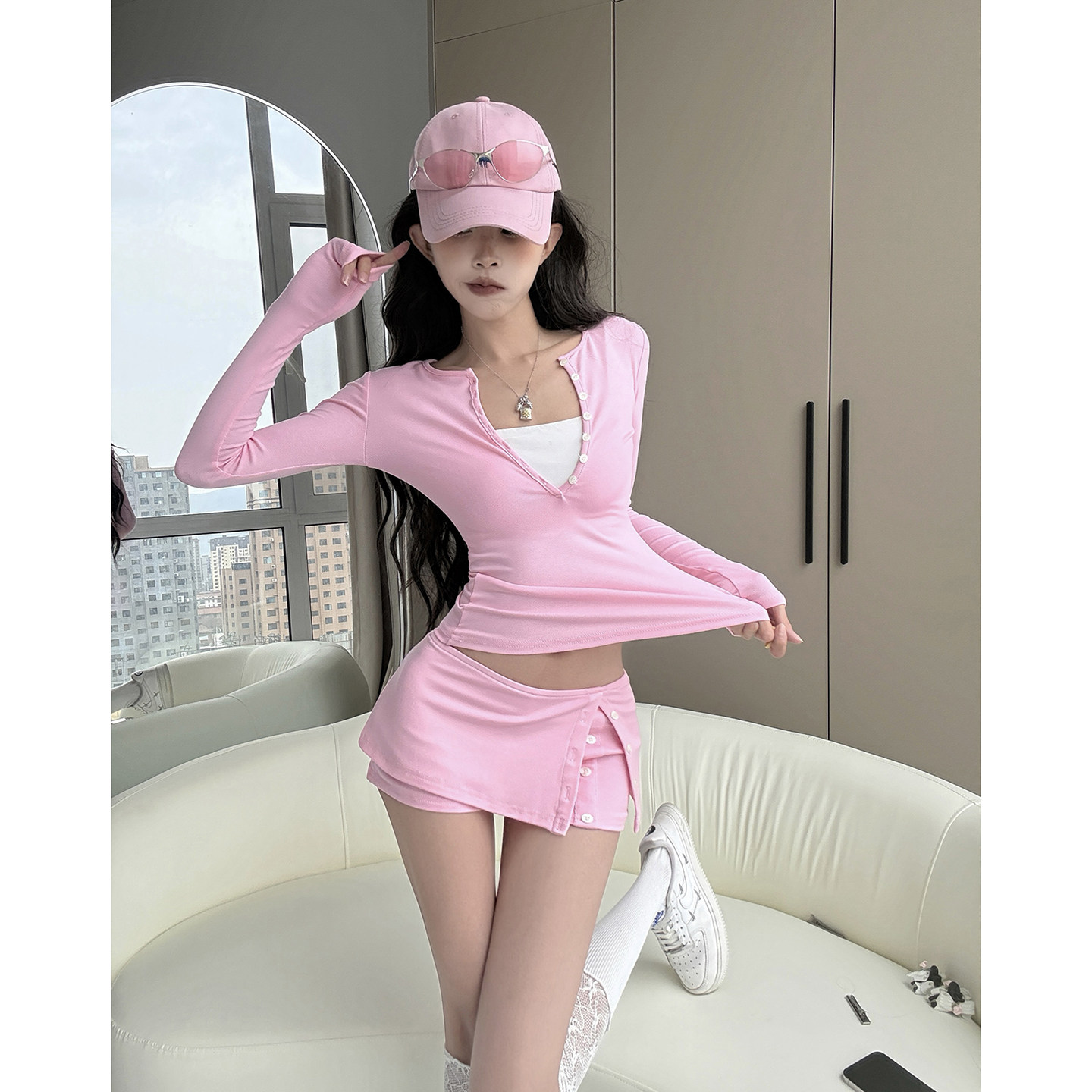 MianCun纽扣设计螺纹弹力修身圆领打底长袖T恤上衣女排扣短裤套装