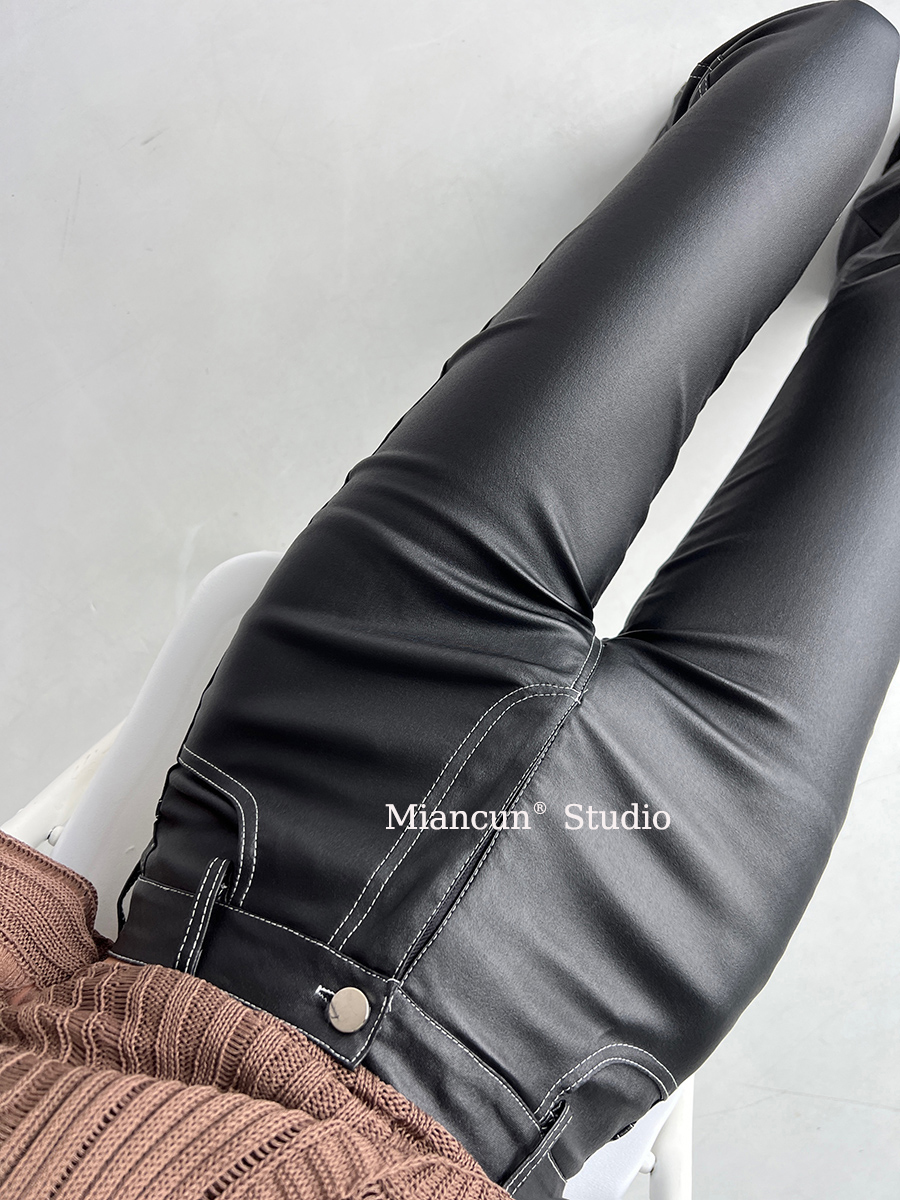 设计感筷子腿显瘦黑色微喇叭明线皮裤女休闲舒服百搭高腰修身长裤,女装/女士精品,休闲裤,淘宝优惠券,粉丝福利购,淘宝优惠卷