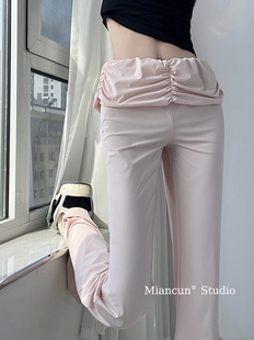 芭蕾少女褶皱翻腰层次感休闲裤女夏季新款低腰弹力薄款微喇裤子