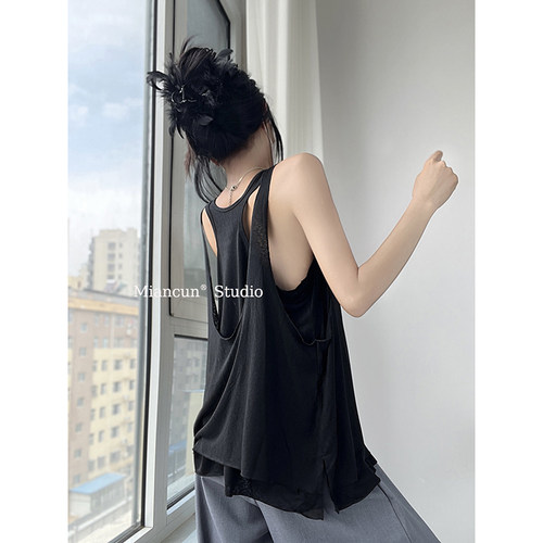 舒适轻氧感假两件U领吊带背心女薄款慵懒宽松休闲显瘦无袖上衣