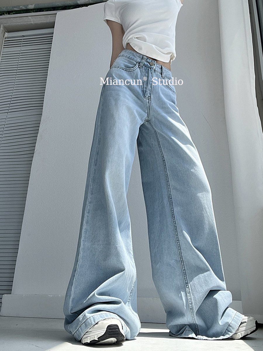 棉村 慵懒oni复古浅蓝宽松大摆阔脚裤女高腰显瘦直筒喇叭牛仔裤