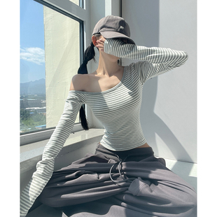 MianCun经典复古斜肩条纹长袖T恤女秋季内搭打底衫修身显瘦上衣