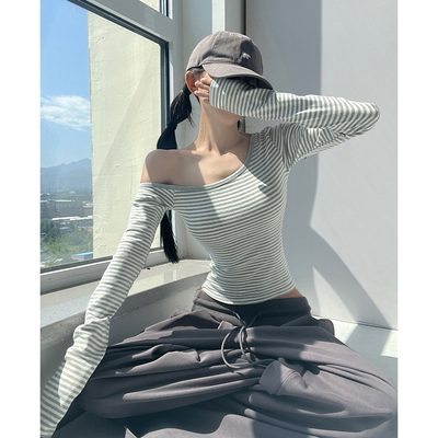 MianCun经典复古斜肩条纹长袖T恤女秋季内搭打底衫修身显瘦上衣