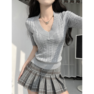短袖 正肩V领短款 针织衫 新款 上衣 女2026夏季 拉夫学院麻花绞薄款