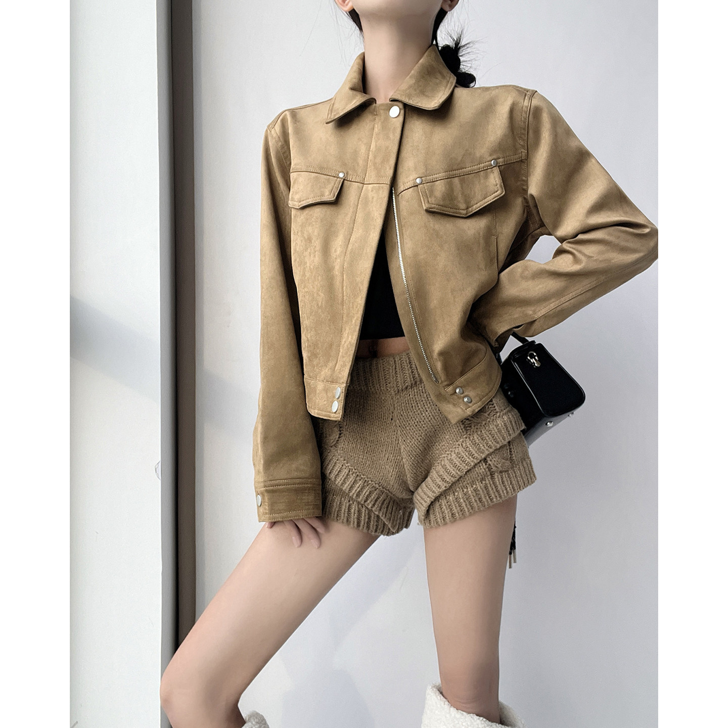 MianCun秋冬复古翻领麂皮长袖拉链短款外套小个子皮衣夹克上衣女