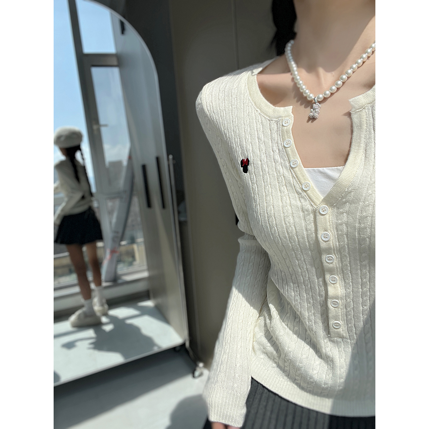 MianCun白色修身套头毛衣女春秋穿搭软糯麻花半开领纽扣针织衫