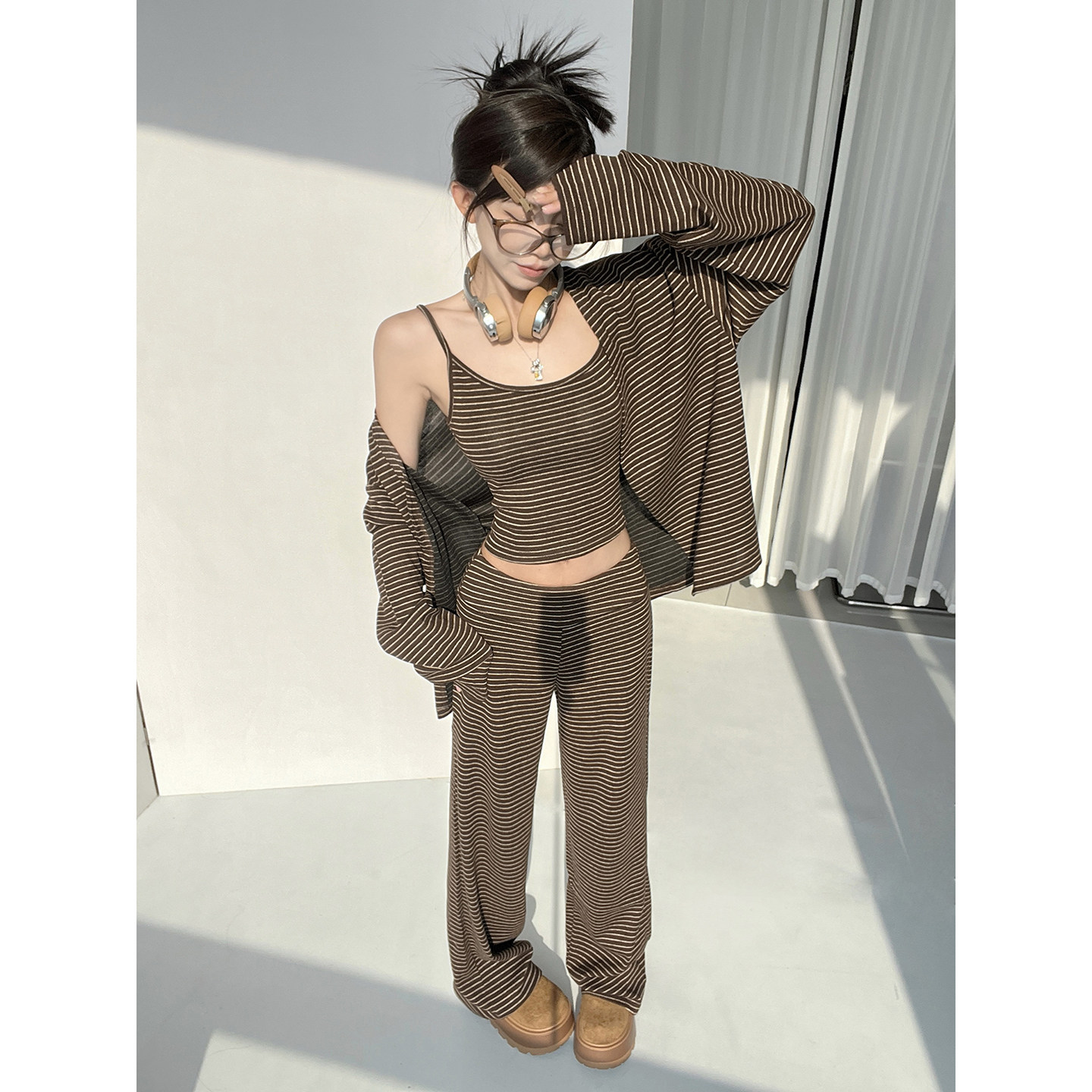 MianCun经典复古色织细条纹吊带开衫+抽绳微喇运动裤懒人休闲套装