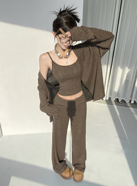 MianCun经典复古色织细条纹吊带开衫+抽绳微喇运动裤懒人休闲套装