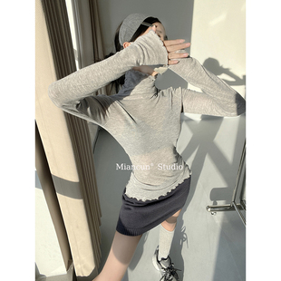 韩模氛围简约木耳边堆堆领微透高领长袖T恤女内搭修身显瘦打底衫