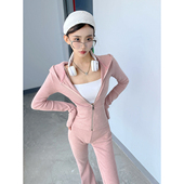 外套高腰微喇休闲裤 辣妹运动风套装 短款 连帽修身 两件套 女早秋新款