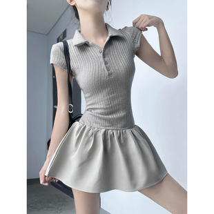 MianCun美式校园风POLO领拼接网球短裙休闲修身短袖收腰连衣裙女