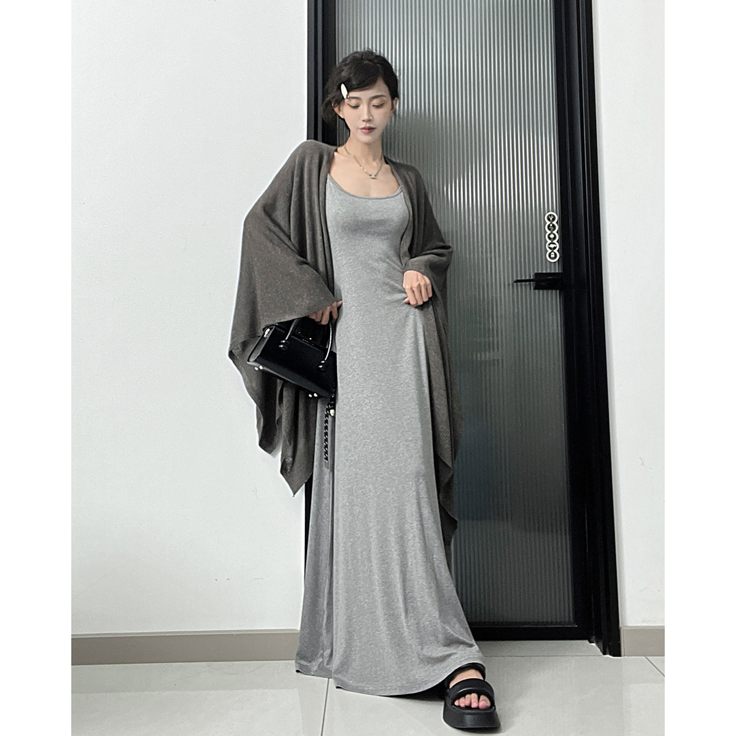 MianCun莱赛尔绵羊毛吊带连衣裙外搭天丝亚麻披肩开衫两件套装女