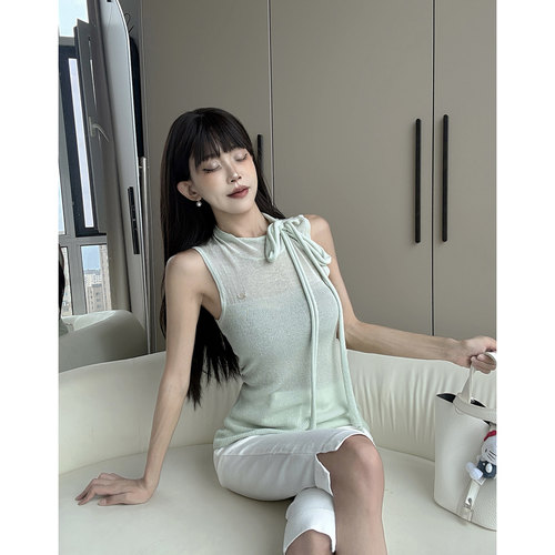 MianCun温柔风微透亚麻针织背心女外穿高级感显瘦绑带无袖上衣