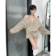 卡其直筒短裤 休闲套装 两件套 套头卫衣女春季 慵懒露肩交叉v领长袖