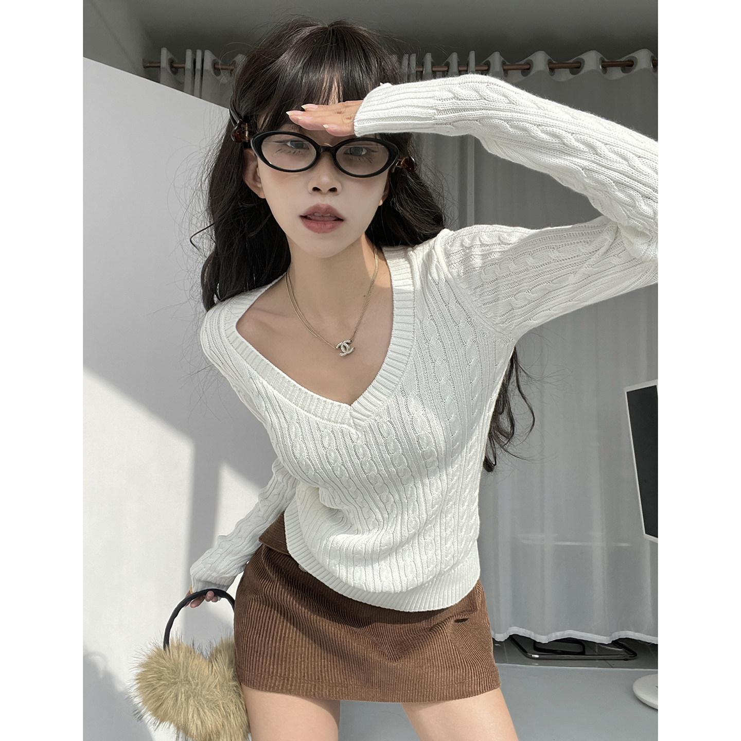 MianCun设计感V领条纹麻花长袖针织衫女修身显瘦内搭毛线套头上衣