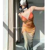 性感辣妹网纱印花吊带连衣裙女度假风渐变色金属环镂空拖地长裙