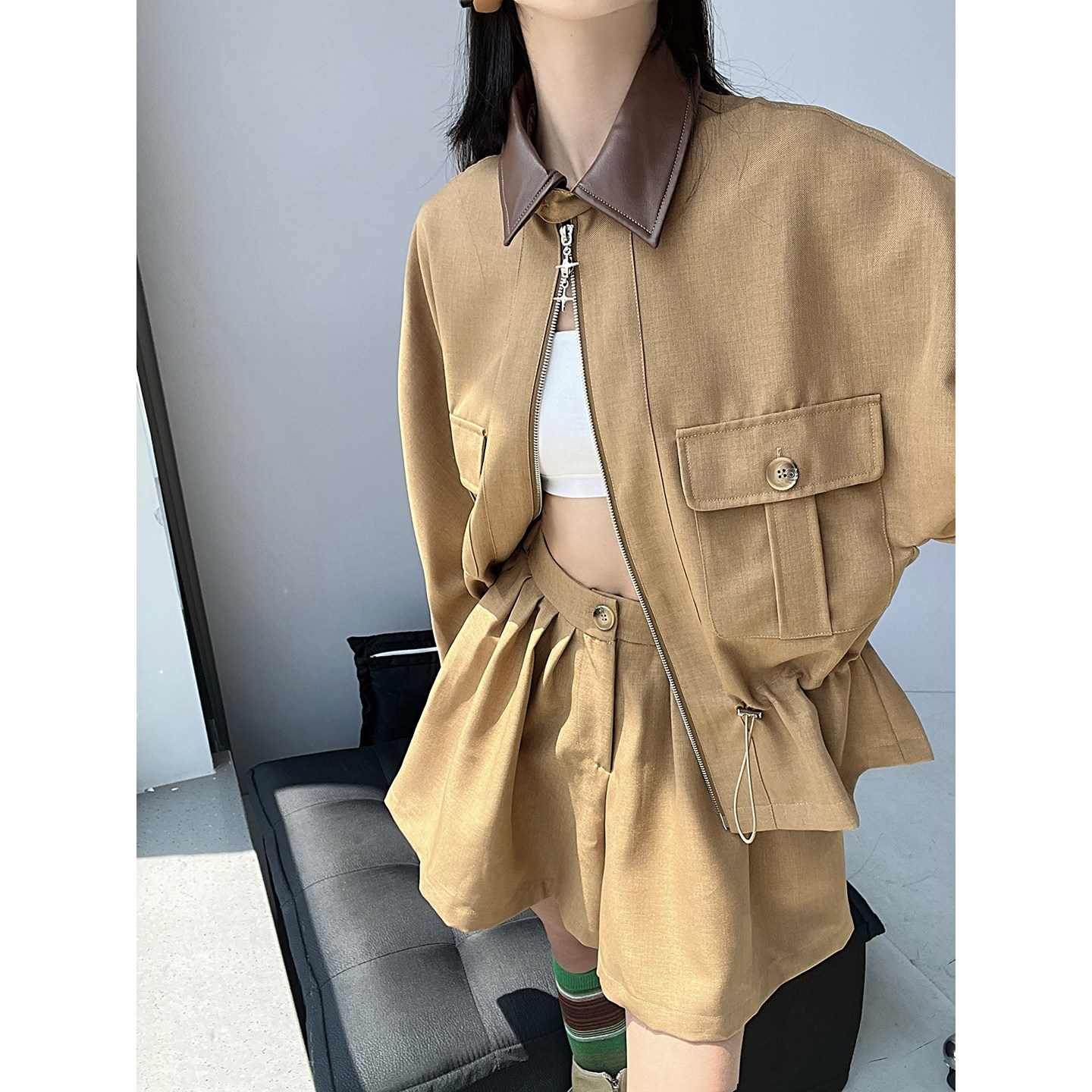 巴恩风翻领拼接蝙蝠袖收腰廓形夹克外套女A字宽松短裤休闲套装,女装/女士精品,时尚套装,淘宝优惠券,粉丝福利购,淘宝优惠卷