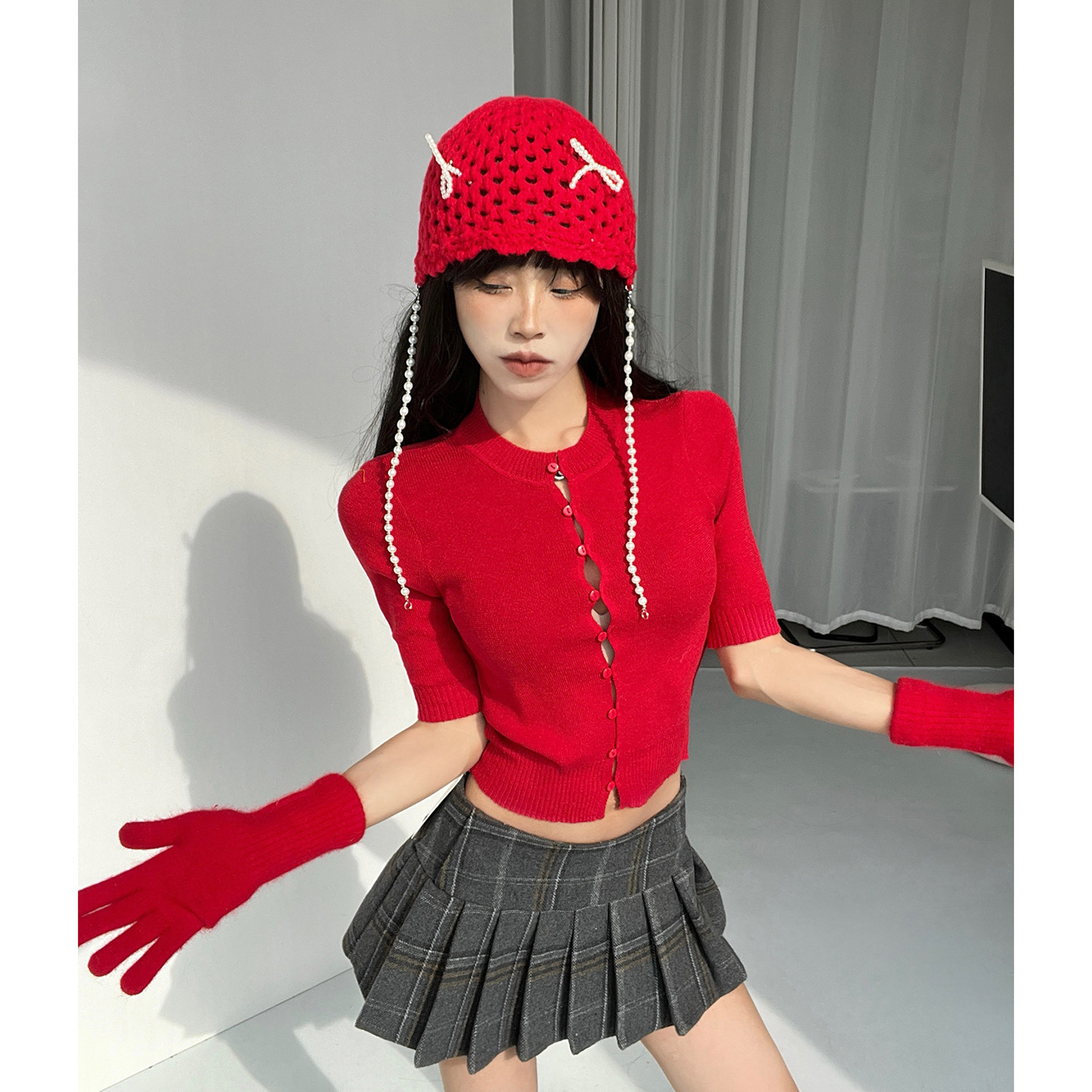 MianCun欧美风性感圆领针织衫女辣妹修身显瘦开衫上衣镂空毛衣