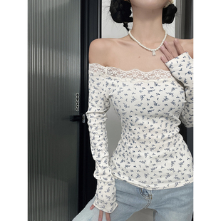 MianCun韩系辣妹显瘦短款 t恤女白色碎花高级感一字肩露肩上衣 长袖
