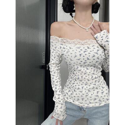 白色碎花高级感一字肩露肩上衣