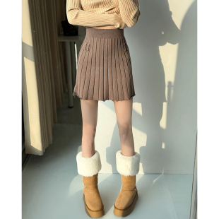 丘比特 复活少女学院风针织百褶裙女显瘦a字半身短裙 橡木oak